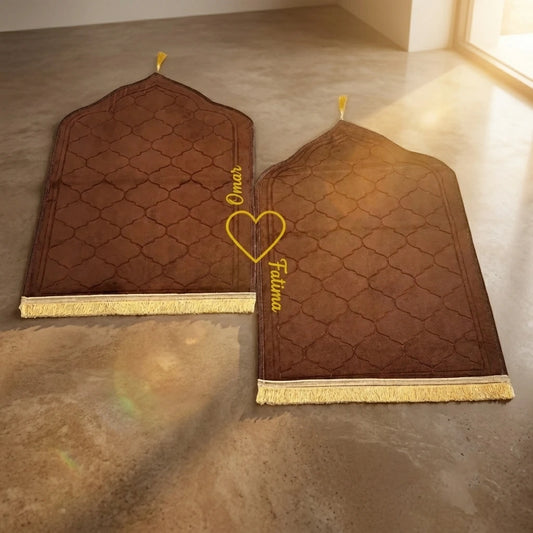 Personalized Brown Velvet Couple Prayer Mat Set with Gold Calligraphy