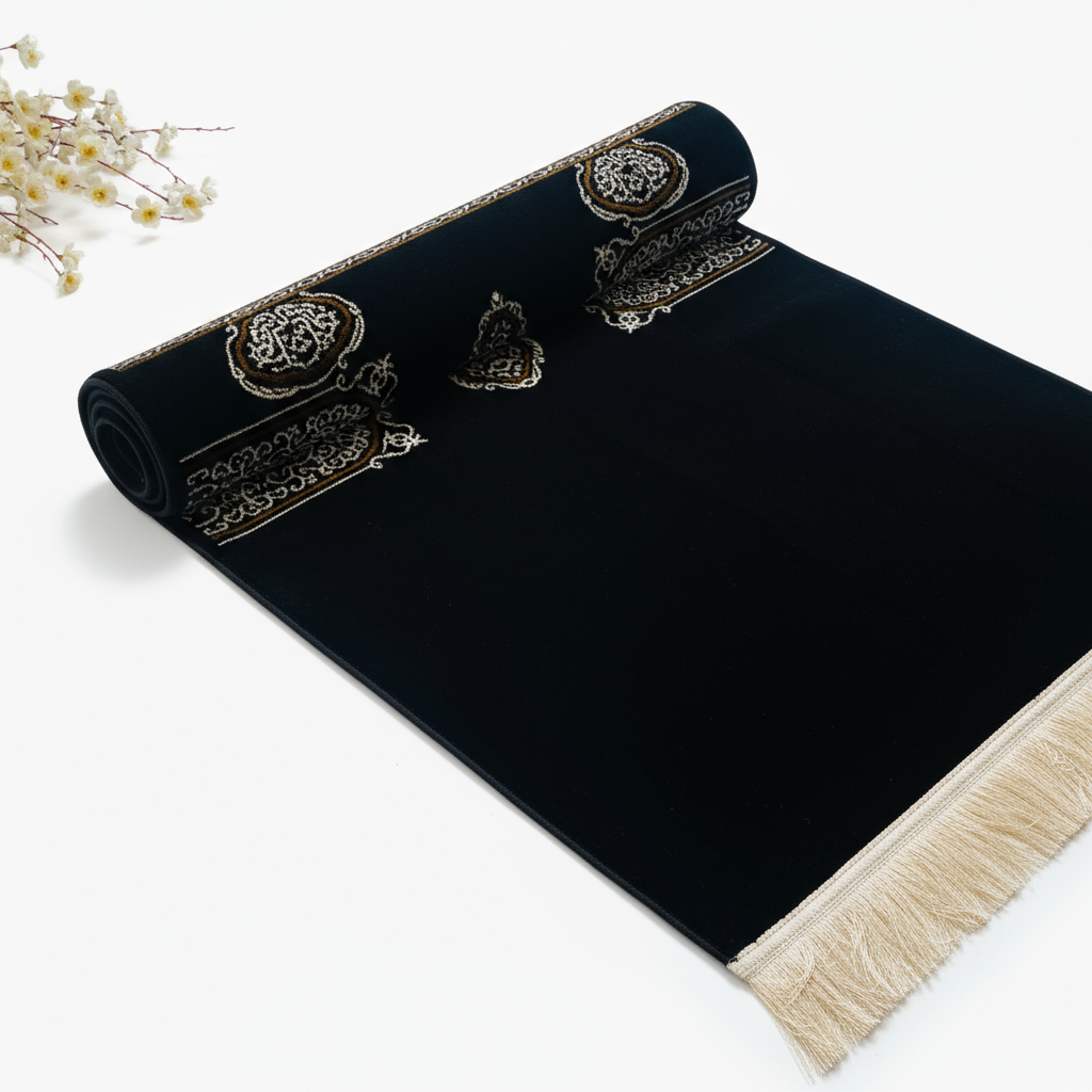 Luxury Chenille Kiswa Kaaba inspired Islamic prayer rug, premium comfortable black Muslim prayer mat for daily Salah and gifting.