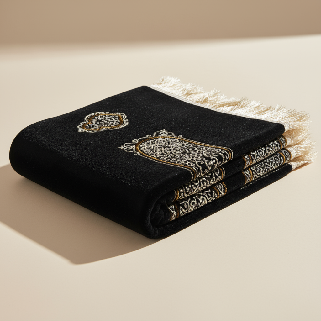 Luxury Chenille Kiswa Kaaba inspired Islamic prayer rug, premium comfortable black Muslim prayer mat for daily Salah and gifting.