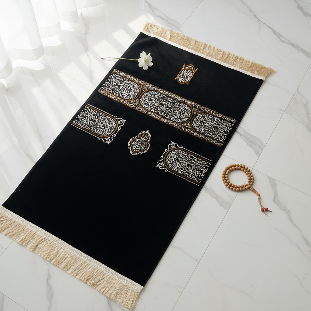 Luxury Chenille Kiswa Kaaba inspired Islamic prayer rug, premium comfortable black Muslim prayer mat for daily Salah and gifting.
