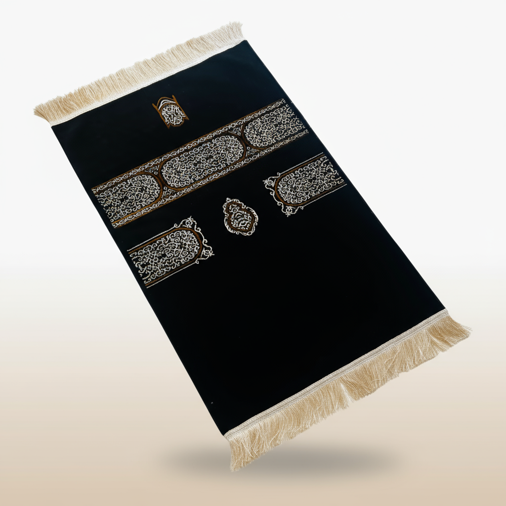 Chenille Kiswa Kaaba inspired Islamic prayer rug, premium comfortable black Muslim prayer mat 