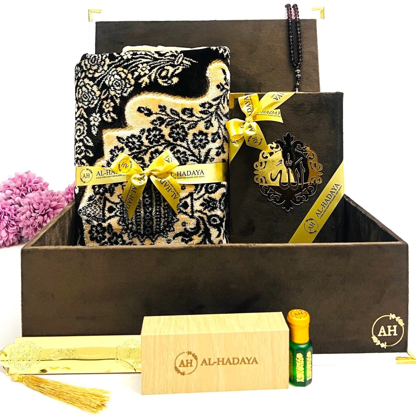 Chocolate Brown Velvet Quran and Prayer Mat Gift Set with tasbih, attar, and bookmark in a premium velvet box.