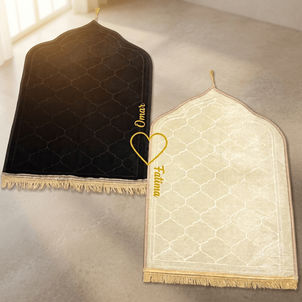 Personalized Couple Prayer Mat Set Black and Off-white Velvet Dome Janamaz