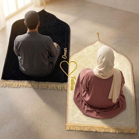 Personalized Black and Off White Velvet Couple Prayer Mat Set with Gold Calligraphy