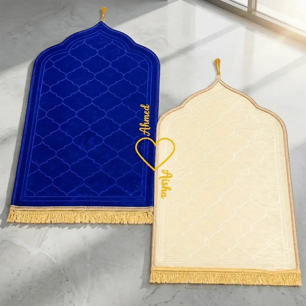 Couple Prayer Mat Set Royal Blue and Off White Velvet with Heart