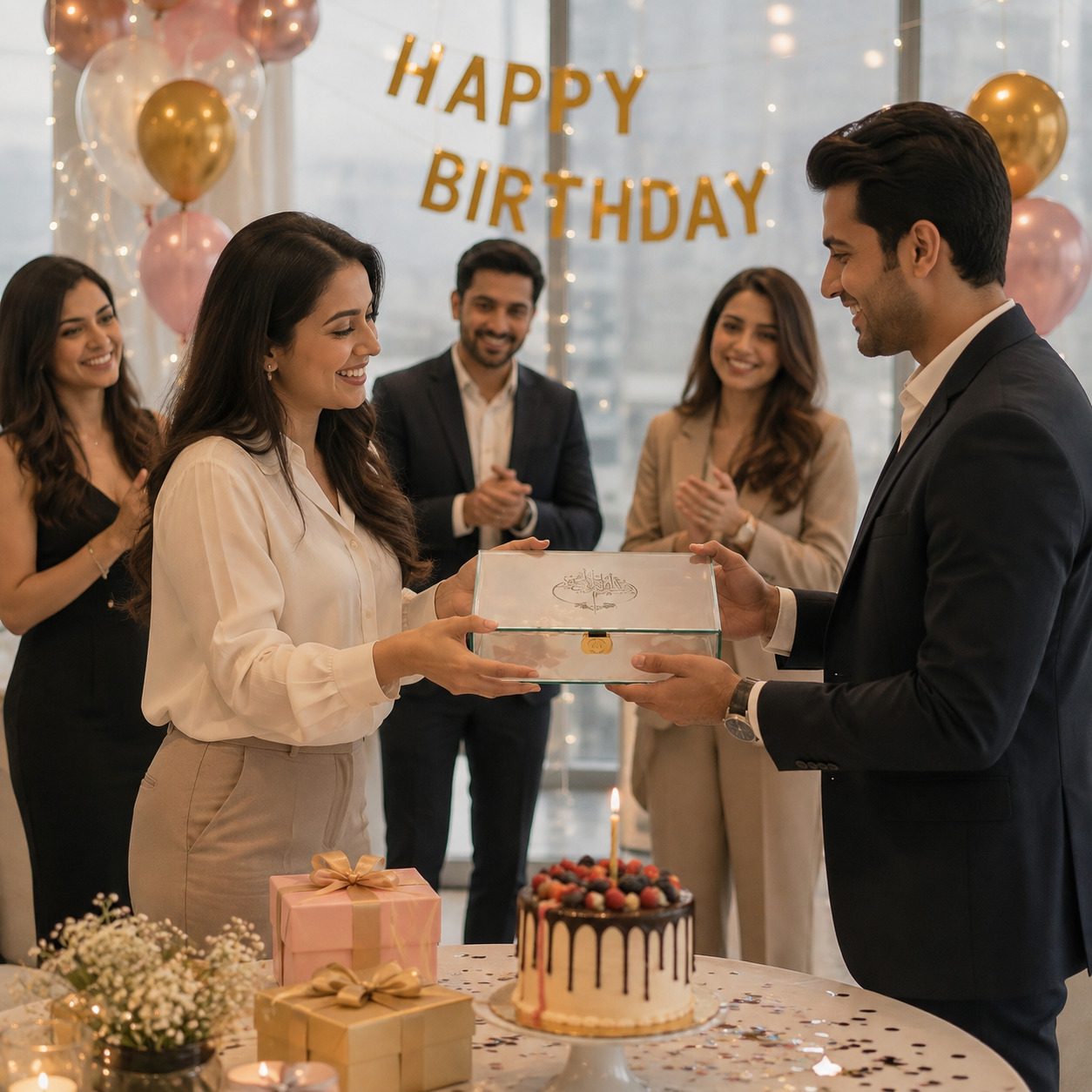 A man and a woman exchange a gift box at a birthday celebration, with other guests, balloons, and a decorated cake in the background.