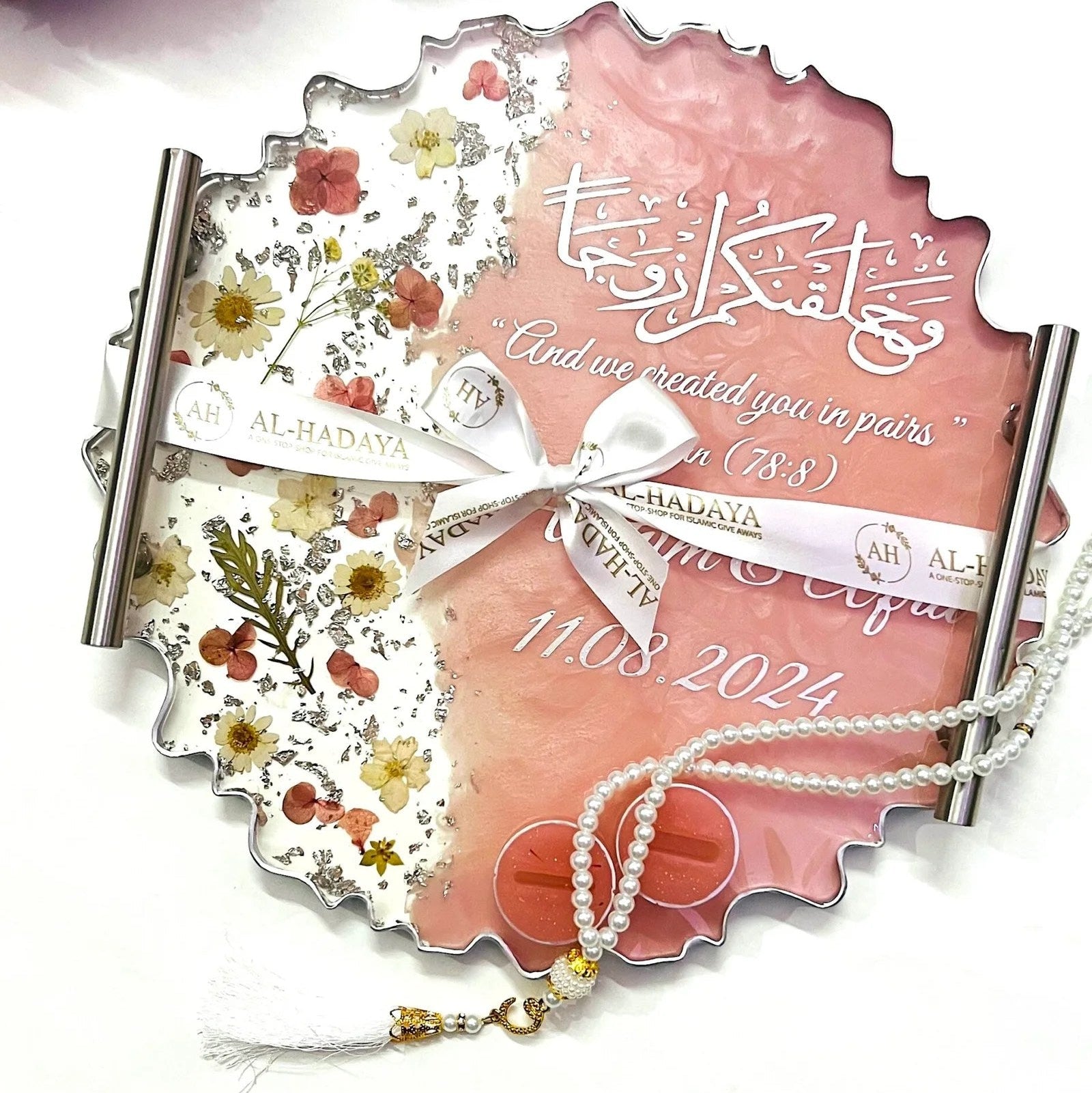 Elegant resin Nikah tray featuring glass stones and luxury handmade finish.
