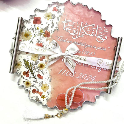 Elegant resin Nikah tray featuring glass stones and luxury handmade finish.