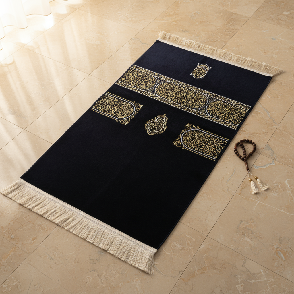 “Dark blue and gold Muslim prayer mat inspired by the Kiswa of the Kaaba, made in Turkey”