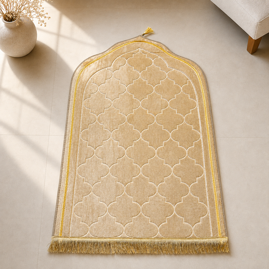 An arched beige prayer rug with a cream quatrefoil pattern, yellow-gold border, and matching fringed bottom, laid on a light beige floor with soft window shadows.