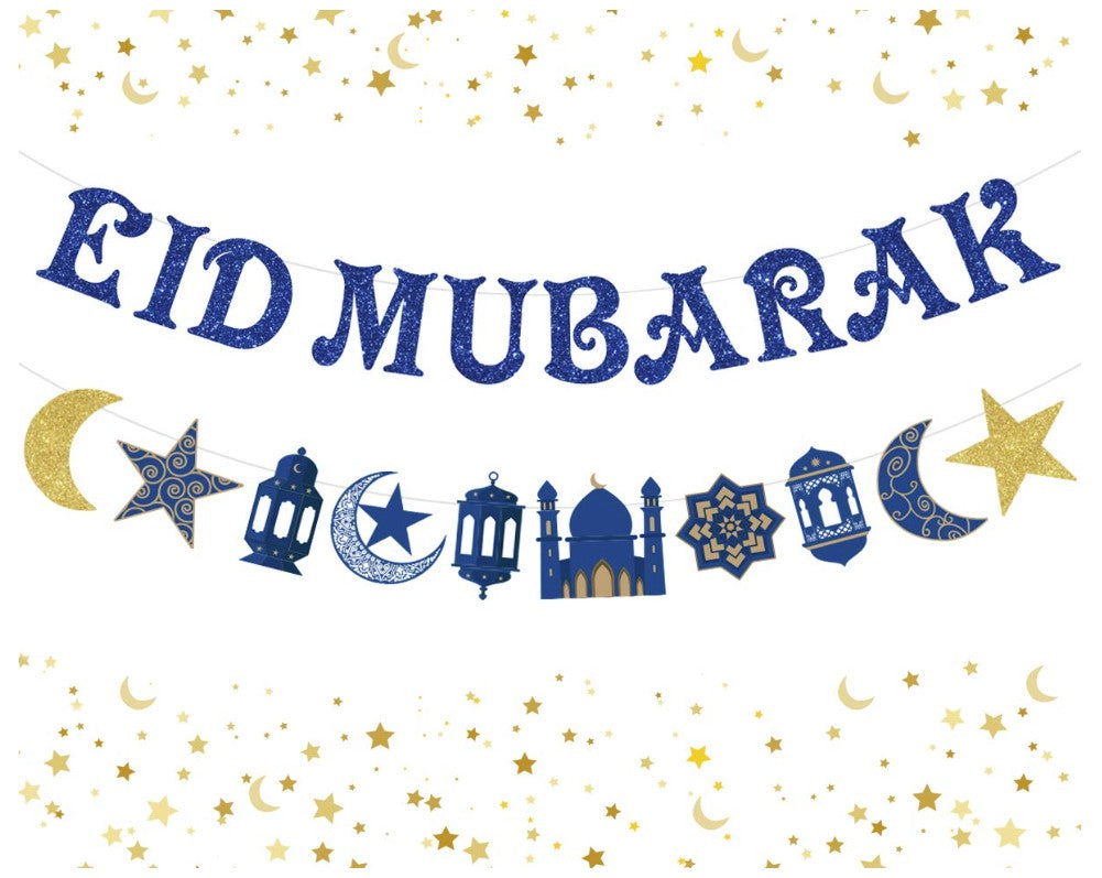 Eid Mubarak Banner Decoration Blue Glitter Star and Moon Garland Ramadan Hajj Mubarak Decorations for Home Table Muslim Islamic Party Decoration