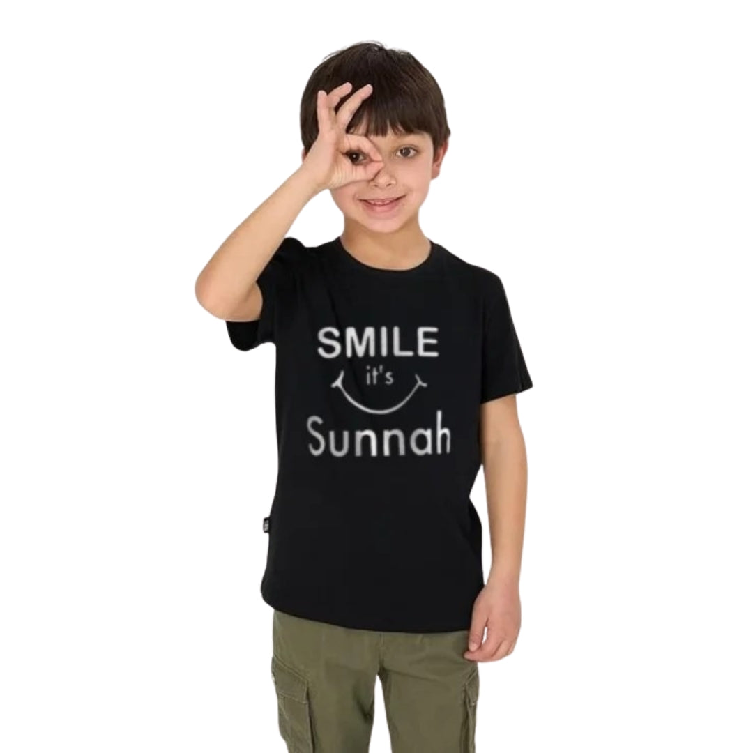 Elegant Islamic T-shirt for children in black with minimal white print.