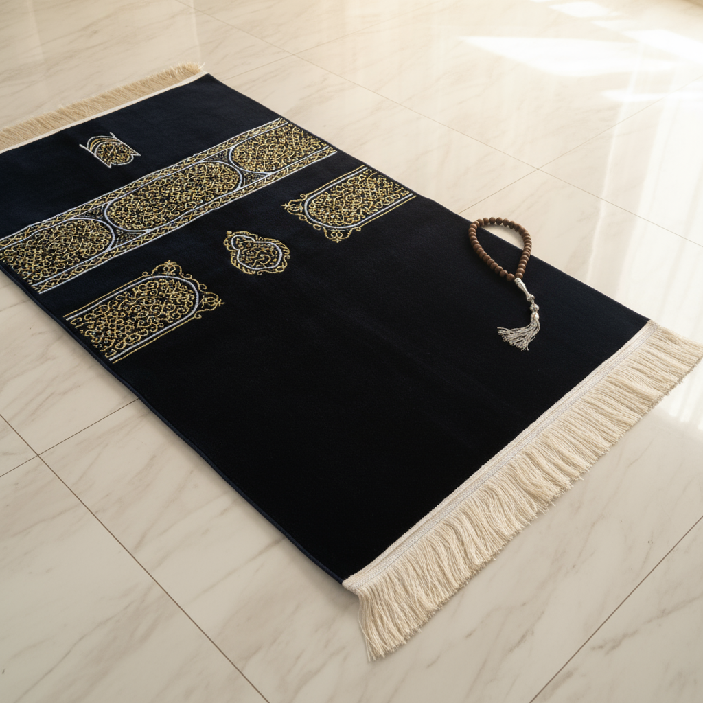 “Elegant chenille Islamic prayer rug with soft woven texture and golden calligraphy pattern”