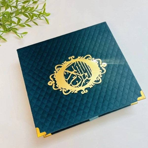 emerald green Quran box with elegant gold detailing and white crystal tasbih.