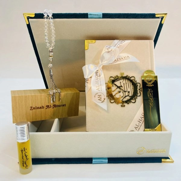 Premium emerald green Quran box with elegant gold detailing and white crystal tasbih contains pearl white velvet covered quran, attar, turkish tasbeeh and bookmark