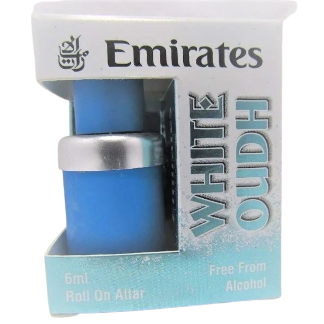 Emirates White Oud 6ml roll-on attar bottle with elegant Arabic design.