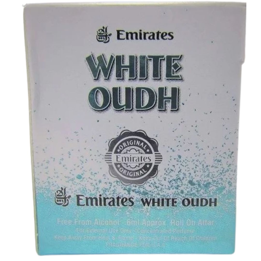 Emirates White Oud 6ml roll-on attar bottle with elegant Arabic design.