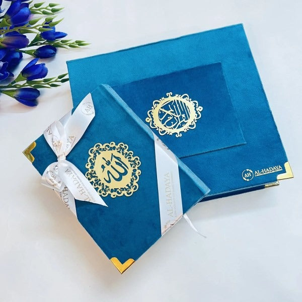 Elegant Quran gift set for father with velvet cover, tasbih, and silver Bismillah bookmark.