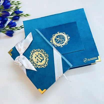 Elegant Quran gift set for father with velvet cover, tasbih, and silver Bismillah bookmark.