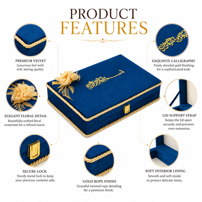 A product features infographic for a royal blue velvet jewelry box with gold trim, surrounded by callout circles and text detailing its velvet material, calligraphy, floral ornament, lock, rope finish, and soft interior lining.