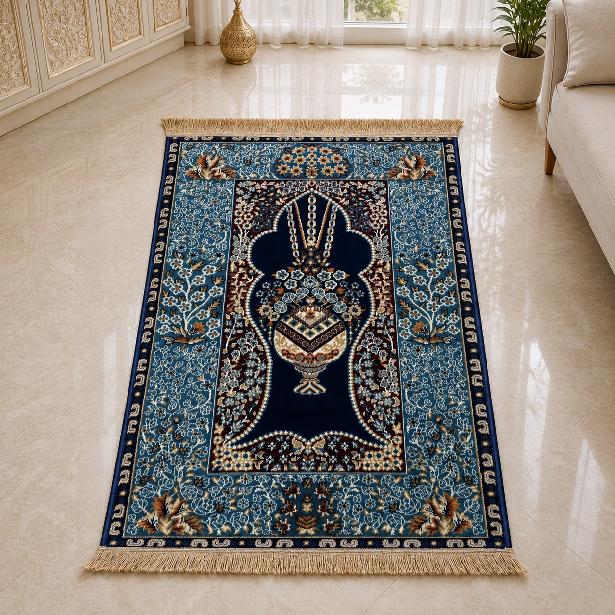 Premium Blue Turkish Prayer Mat | Floral Carpet-Style Janamaz | Luxury Islamic Prayer Rug