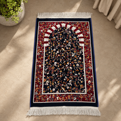Premium floral Turkish prayer mat, elegant printed Janamaz by AL-HADAYA
