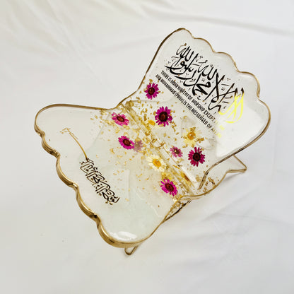 Premium Resin Art Quran Stand (Rehal)|Dried Flowers & Gold Flakes - Islamic Gift | Quran Holder with Pressed Flowers