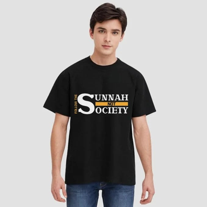 Black cotton Islamic T-shirt for men with “Follow the Sunnah Not Society” white and yellow print.