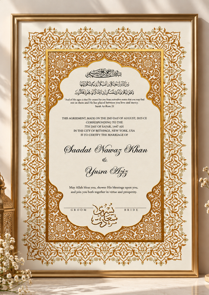 Luxury Gold Foil A3 Handpainted Nikah Certificate: Islamic Wedding Contract, Goldleaf Nikahnama, Arabic Names, Custom Muslim Marriage Certificate