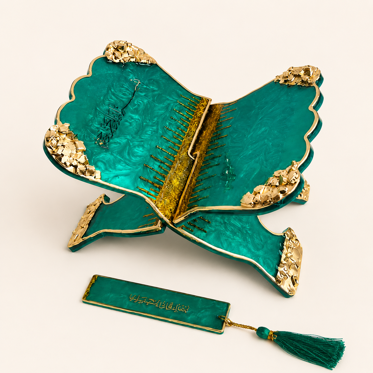 Premium Emerald Green Resin Art Quran Stand (Rehal) with Matching Bookmark