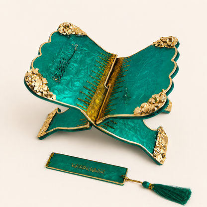 Premium Emerald Green Resin Art Quran Stand (Rehal) with Matching Bookmark