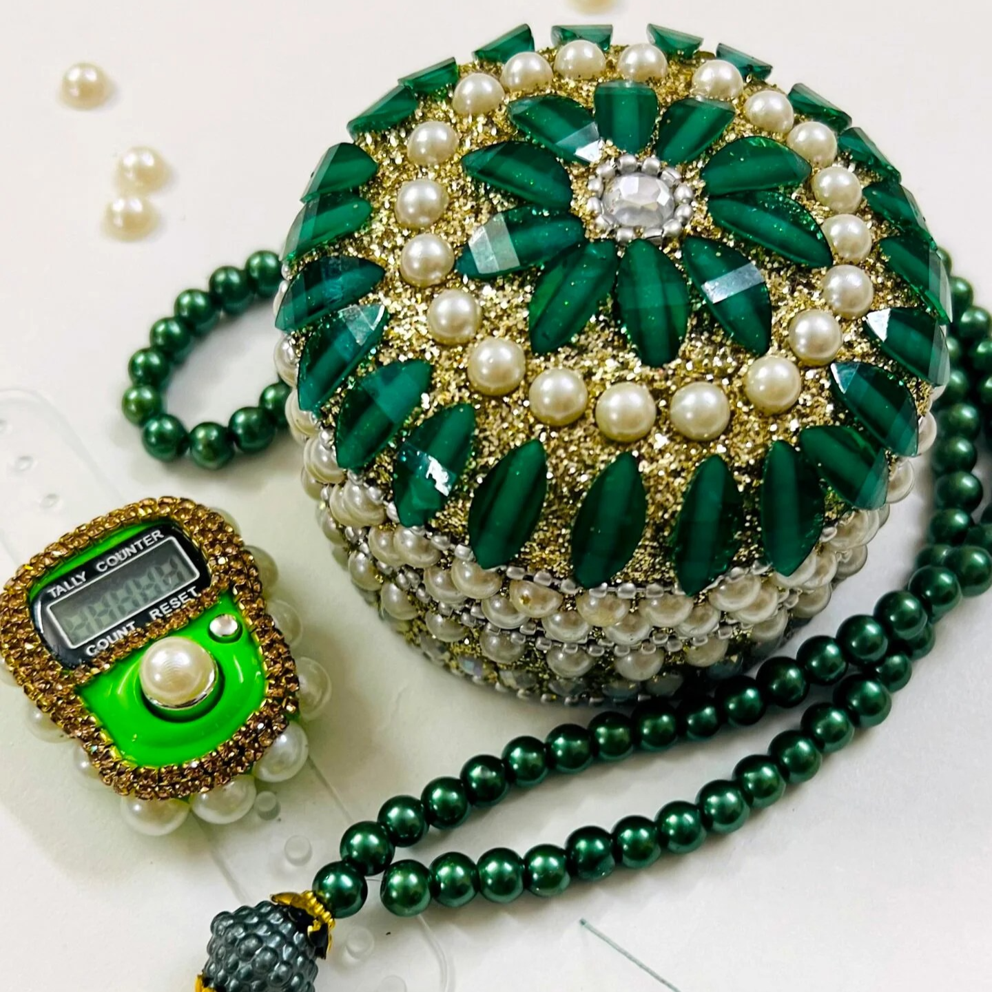 GREEN TURKISH TASBEEH AND DIGITAL COUNTER 