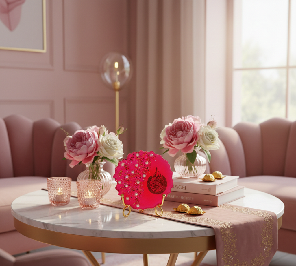 Pink Resin Table Decor with Gold Stand | Islamic Calligraphy