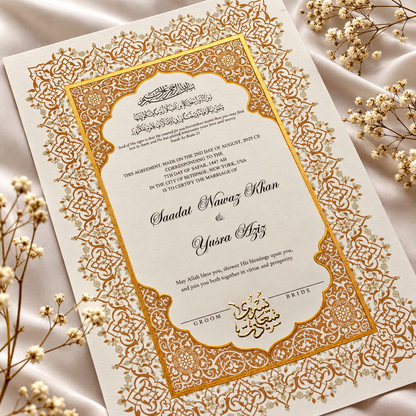 Luxury Gold Foil A3 Handpainted Nikah Certificate: Islamic Wedding Contract, Goldleaf Nikahnama, Arabic Names, Custom Muslim Marriage Certificate