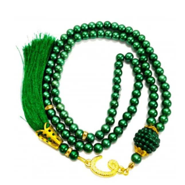 Elegant Green 99-Bead Pearl Tasbeeh Set from Turkey. Perfect Islamic gift for Hajj, Umrah, Ramadan, and Muslim weddings.