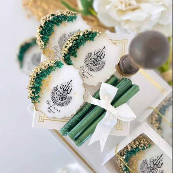 Custom Green Ayatul Kursi magnet favors for Islamic baby shower or wedding