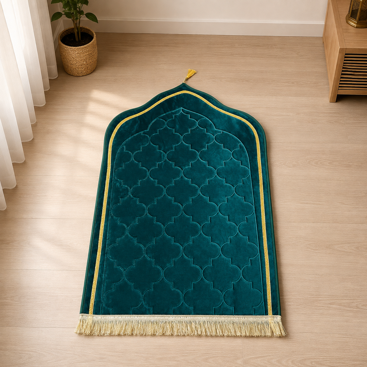 A teal green velvet Islamic prayer mat with a gold geometric border and cream fringe, laid out on a light wood floor in a sunlit room.