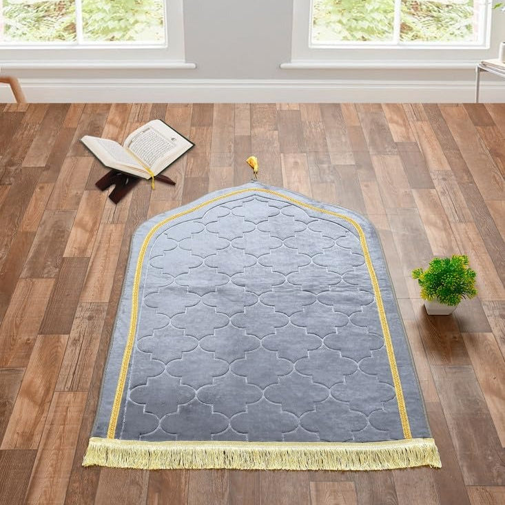 Grey velvet dome-shaped prayer rug with gold edging, thick soft velvet for comfortable prayer.