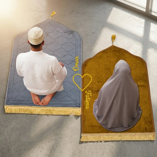 Personalized Grey and Golden Velvet Couple Prayer Mat Set with Gold Calligraphy