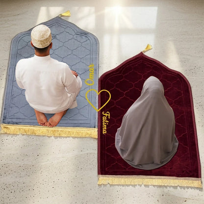 Personalized Grey and Maroon Velvet Couple Prayer Mat Set with Gold Calligraphy