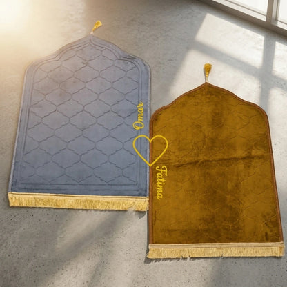Personalized Grey and Golden Velvet Couple Prayer Mat Set with Gold Calligraphy