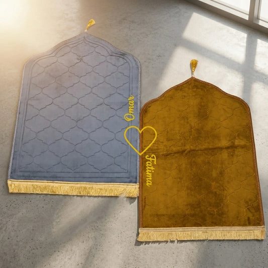 Personalized Grey and Golden Velvet Couple Prayer Mat Set with Gold Calligraphy