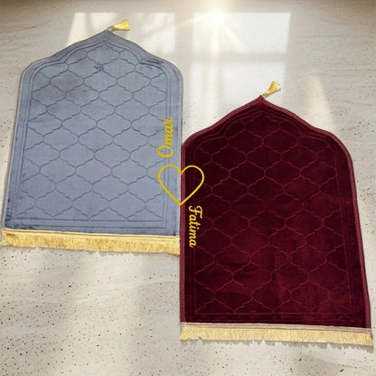 Personalized Grey and Maroon Velvet Couple Prayer Mat Set with Gold Calligraphy