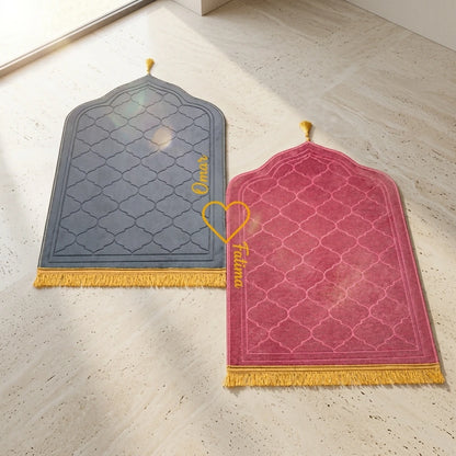 Personalized Grey and Pink Velvet Couple Prayer Mat Set with Gold Calligraphy