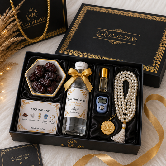 Hajj return favors India, Umrah return gifts hampers, Islamic gift hampers India, Zamzam gift set, Muslim return gifts bulk, luxury Hajj gifts, personalized Islamic hampers, Eid gift hampers Islamic, tasbih gift set, Ajwa dates gift box