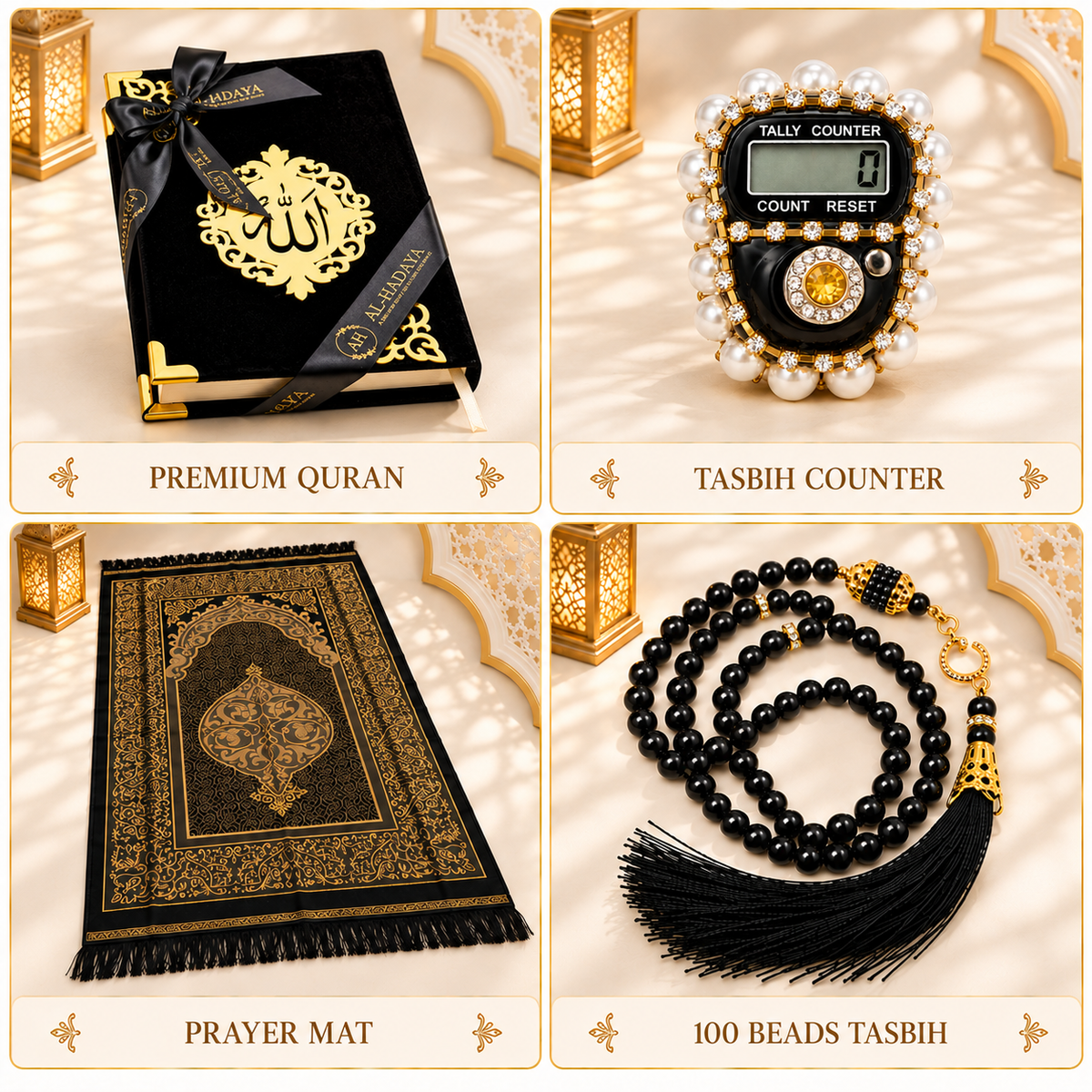 A 2x2 collage showing a Quran set with a black and gold book, a black and gold prayer mat, a black prayer beads tasbih, and a black and gold tally counter, all arranged on a cream draped background with decorative lanterns.
