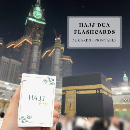 Set of 32 Hajj Dua Cards with keyring featuring Arabic, transliteration, and English translation.