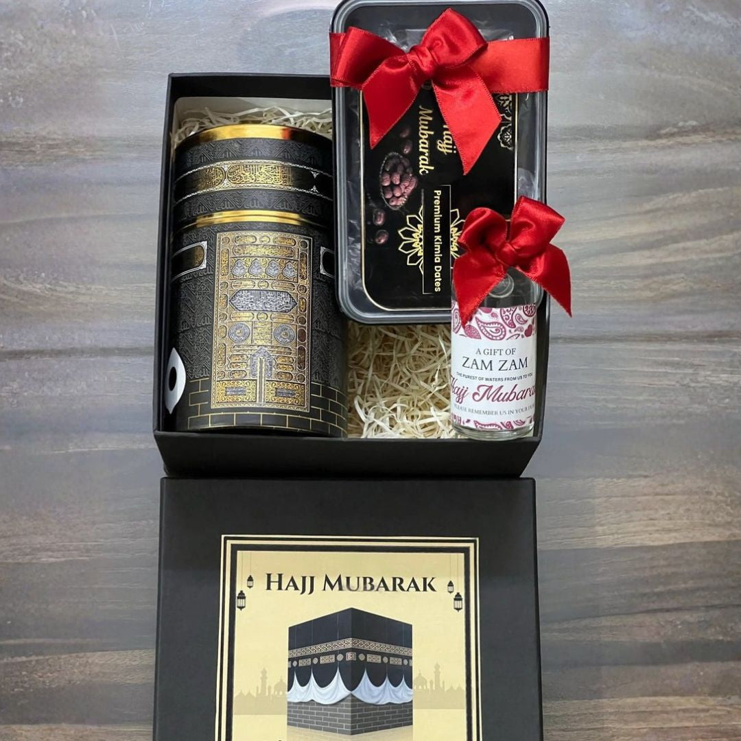 Elegant Hajj gift box with curated spiritual items and custom packaging