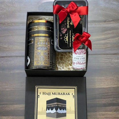 Elegant Hajj gift box with curated spiritual items and custom packaging