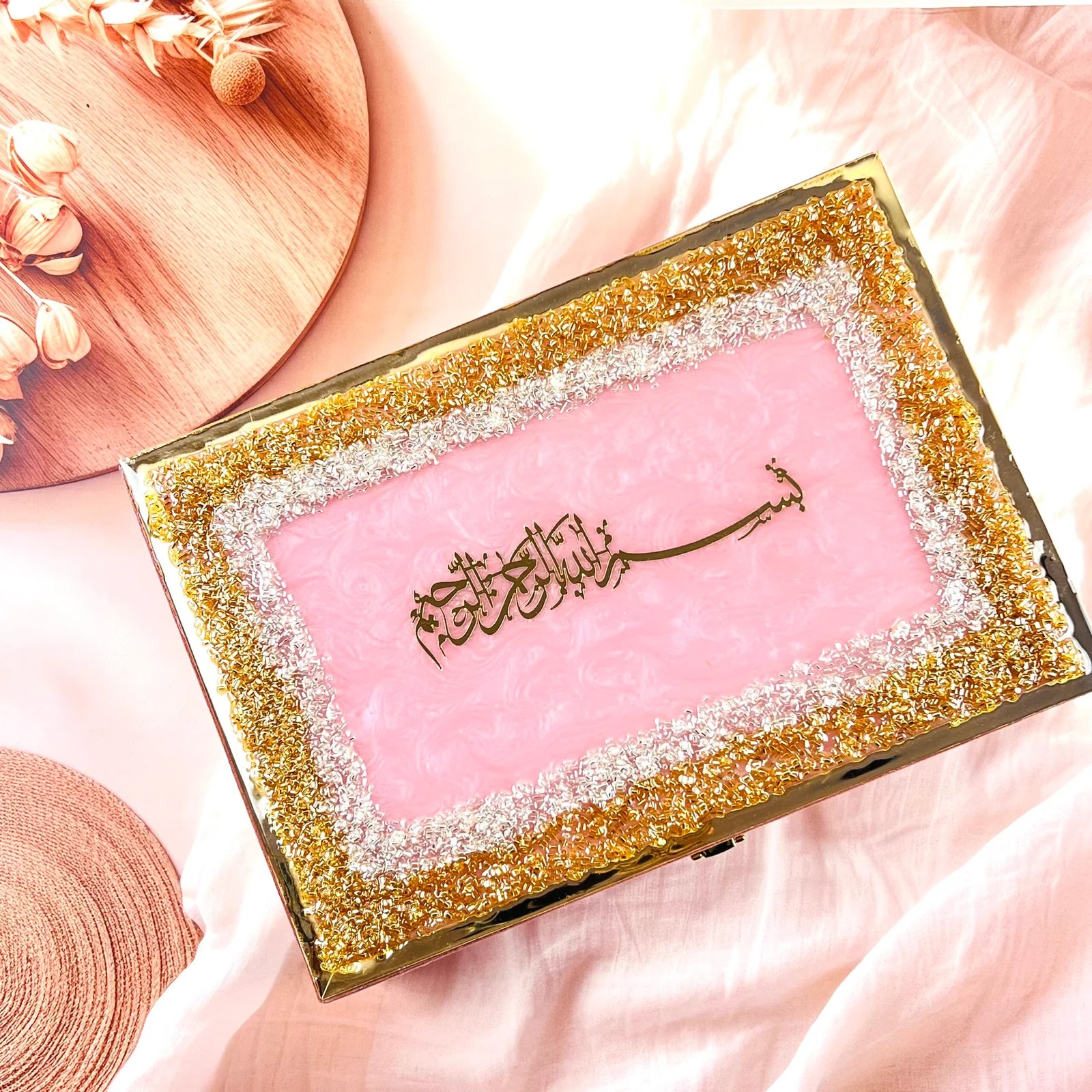 Luxury resin art wedding box handcrafted with Islamic floral and geometric patterns